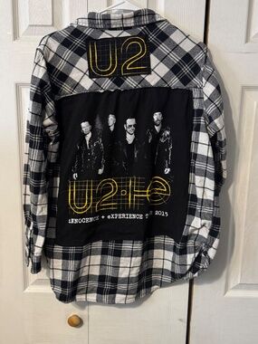 U2 Upcycled Back Graphic T-Shirt on Flannel - Size Women's Large